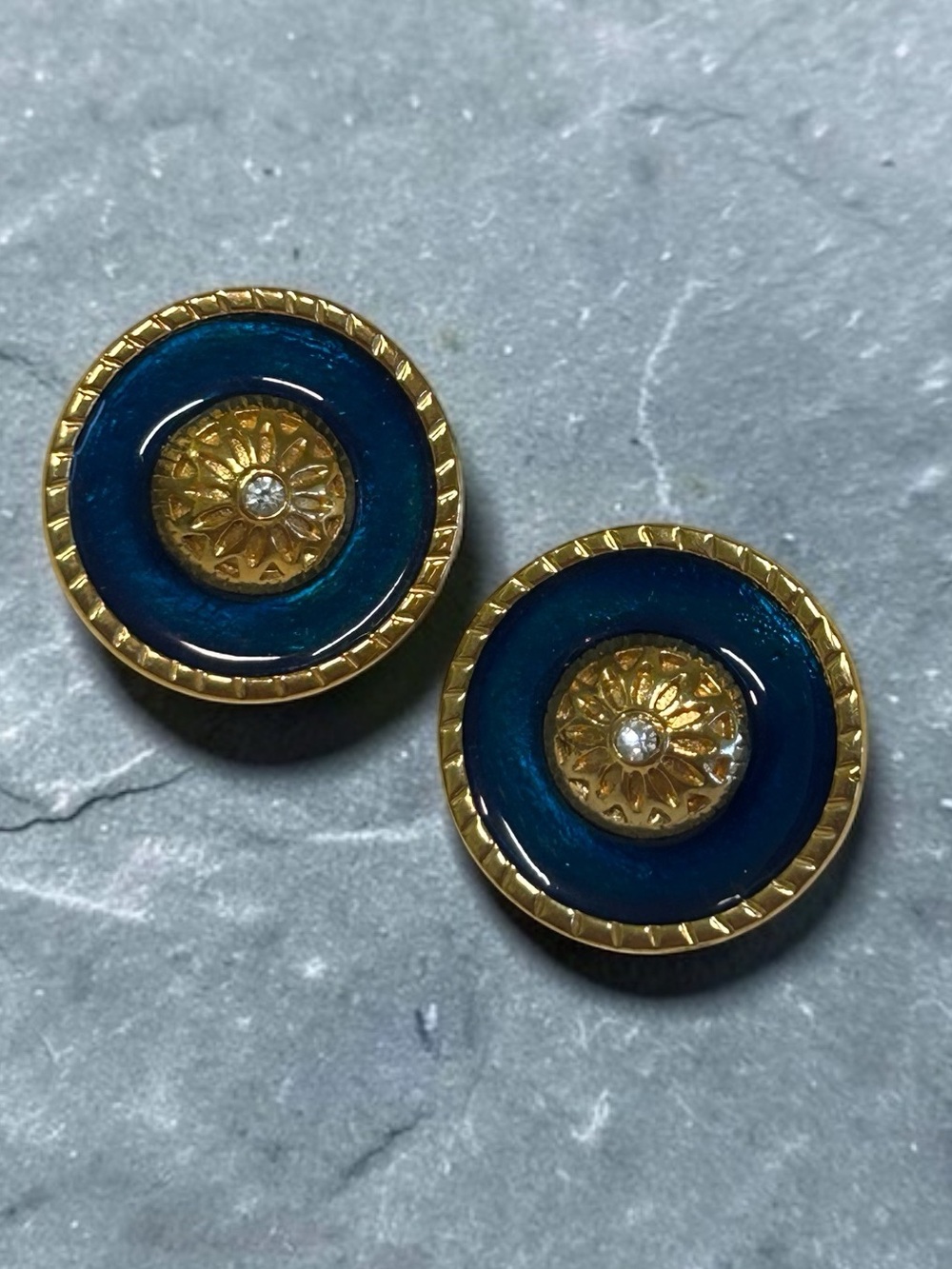 Vintage Butler Blue Enameled Rhinestone Clip Style Earrings